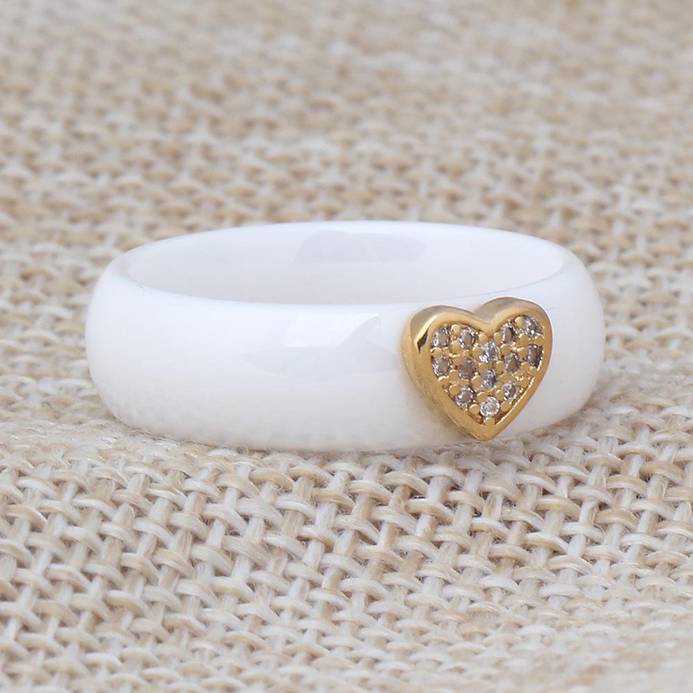 European and American Simple 6MM Ceramic Zircon Heart Black & White Couple Titanium Steel Ring Band