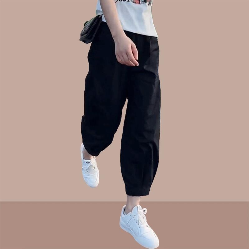 Womens High-Waisted Loose Fit Cargo Pants 9/10 Length Cotton Blend Casual Trousers Office Daily Wear