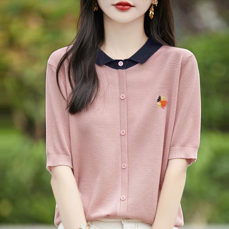 Tennis Doll Collar Short-sleeved Fashionable Versatile Knitted Base Shirt for Women High-end Minimalist Style High-end Embroidered Half-sleeved Top