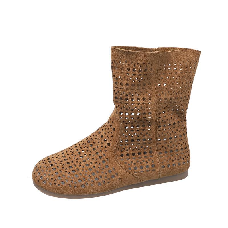 Retro Hollow Net Boots, Hole Shoes, Leather Boots Are Popular 2025 New Summer Breathable and Versatile Flat-bottomed Roman Cool Boots