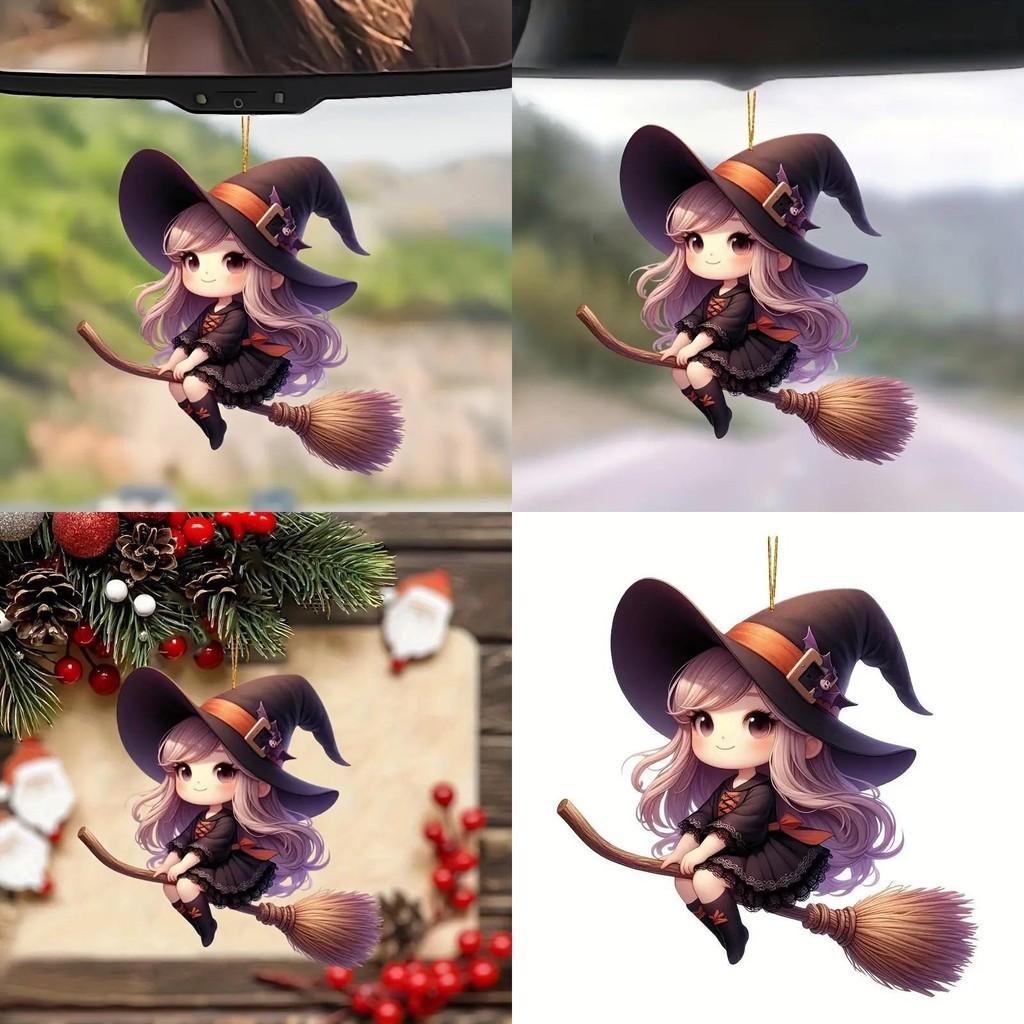 Car Acrylic Halloween Decoration Pendant Cartoon Witch Broom Supplies Interior