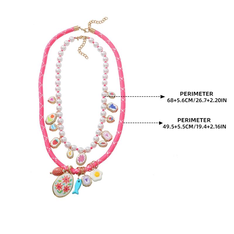 Imitation Pearl Bead Alloy Small Fish And Flower Geometric Pendant Double-Layer Necklace Set For Women Jewelry Gift