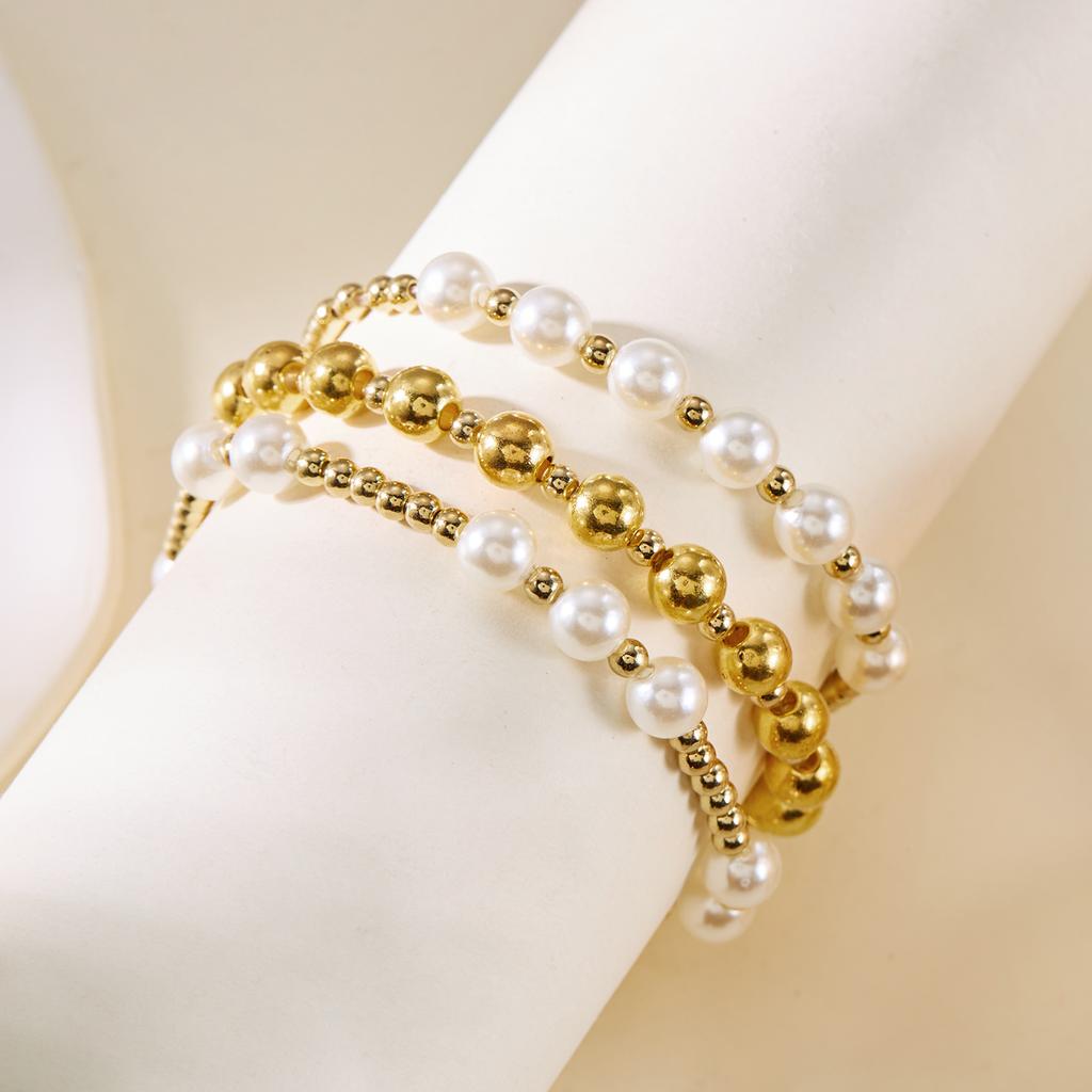 Vintage Handmade Gold Bead And Imitation Pearl Elastic Bracelet Set For Women Boho Party Fashion Jewelry