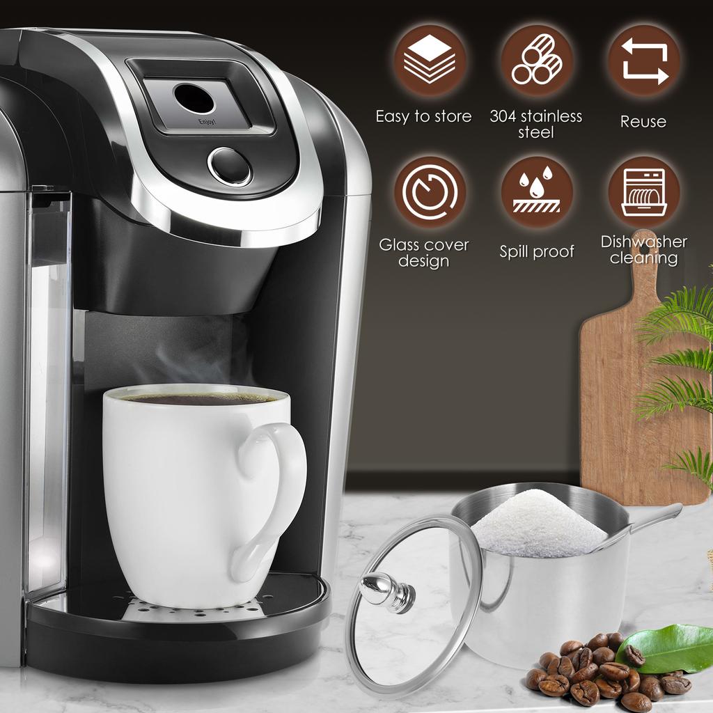 Stainless Steel Sugar Bowl Set with Glass Lid Spoon and Tray Rustproof Seasoning Box Round Condiment Pots Polished Shiny Sugar