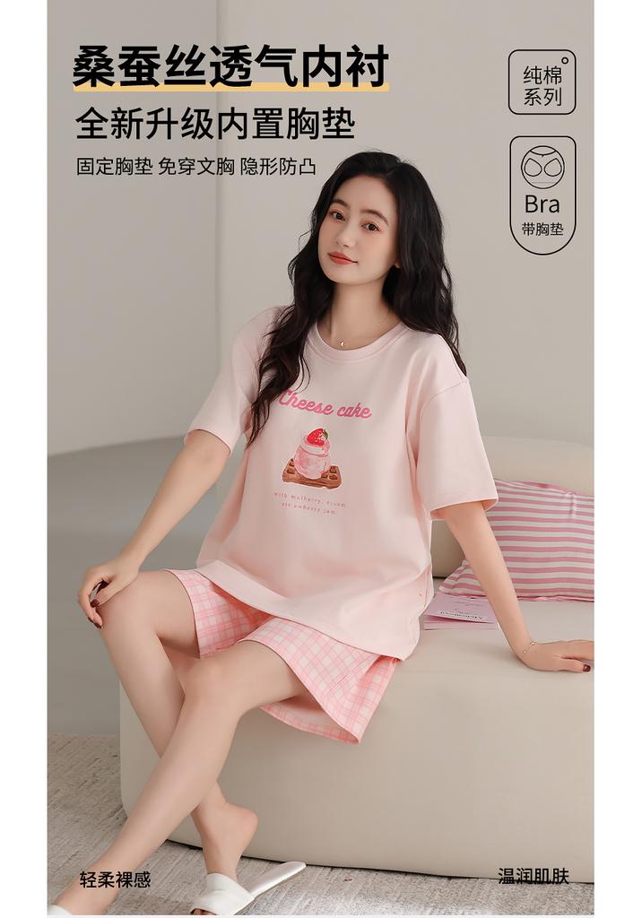 Flower Blossom Liying Summer Short sleeved Shorts with Chest Mat Women's Pajama Set HK