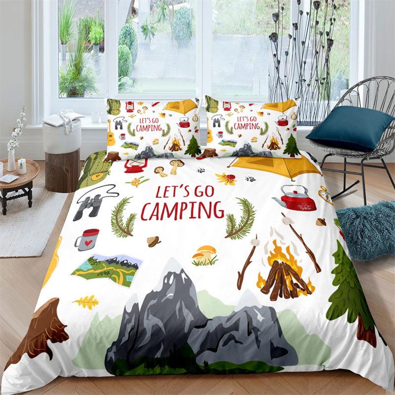 Happy Camping Dekbedovertrek Queen Cartoon Caravan Camping Beddengoedset Boerderij Stijl 3D Camper Dekbedovertrek Met Kussenslopen