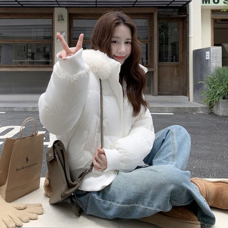Winter New Loose and Thin Fur Collar Hooded Short Down Cotton Clothes Women's Waist Thickened Cotton Coat