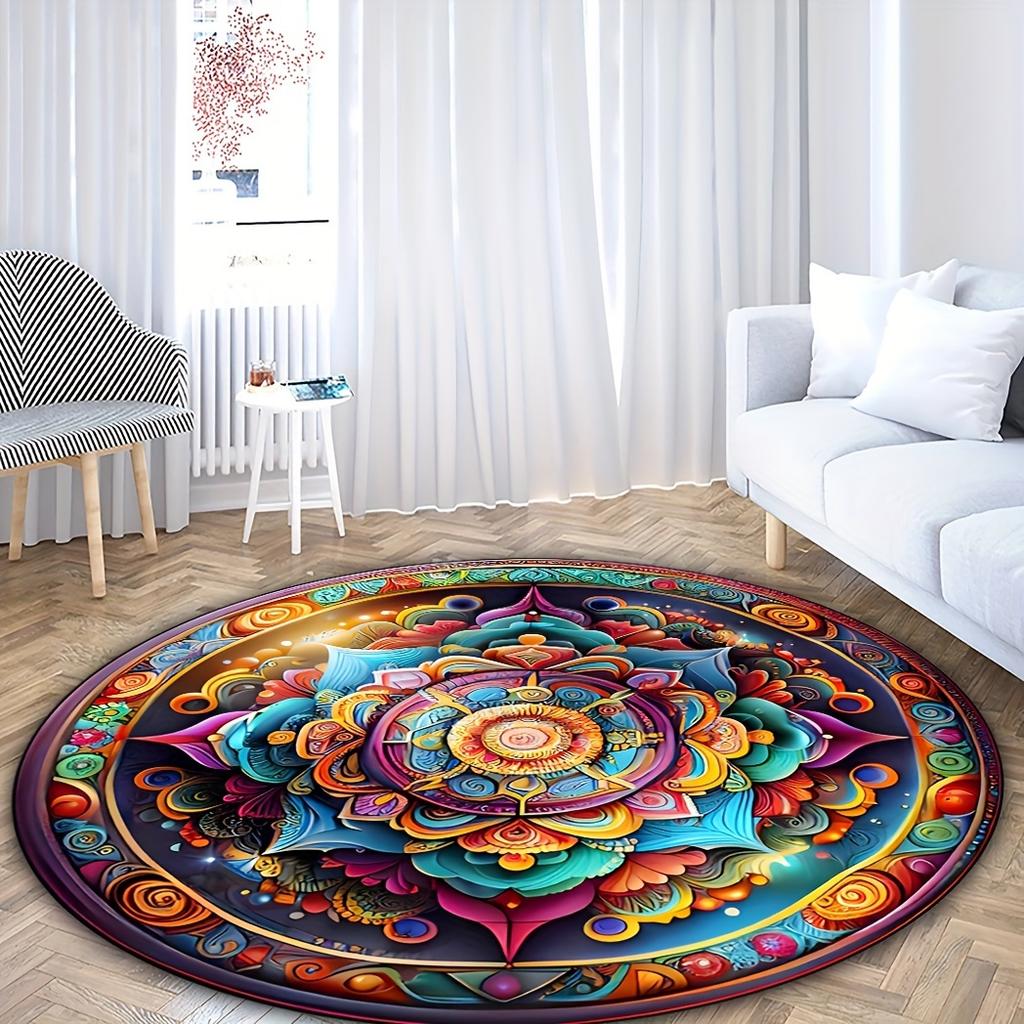 Mandala Flower Round Area Rugs - Non-Slip & Washable Polyester Carpet for Bedroom, Living Room & Farmhouse Decoration