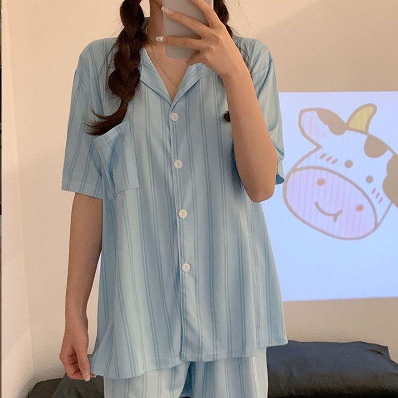 Summer Imitation Cotton Pajamas Women's Korean Simple Striped Women's Cardigan Short-sleeved Plus Size Casual Loungewear Set