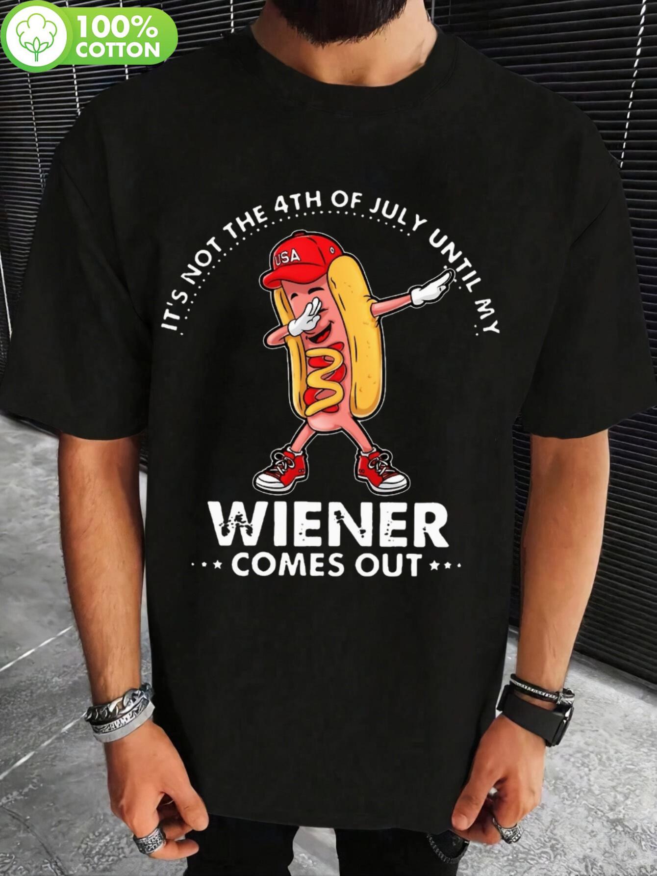 PLUS SIZE Funny  Wiener Comes Out  Graphic T-shirt - 4th of July Patriotic Design with Cartoon Hot Dog & Stars XXL