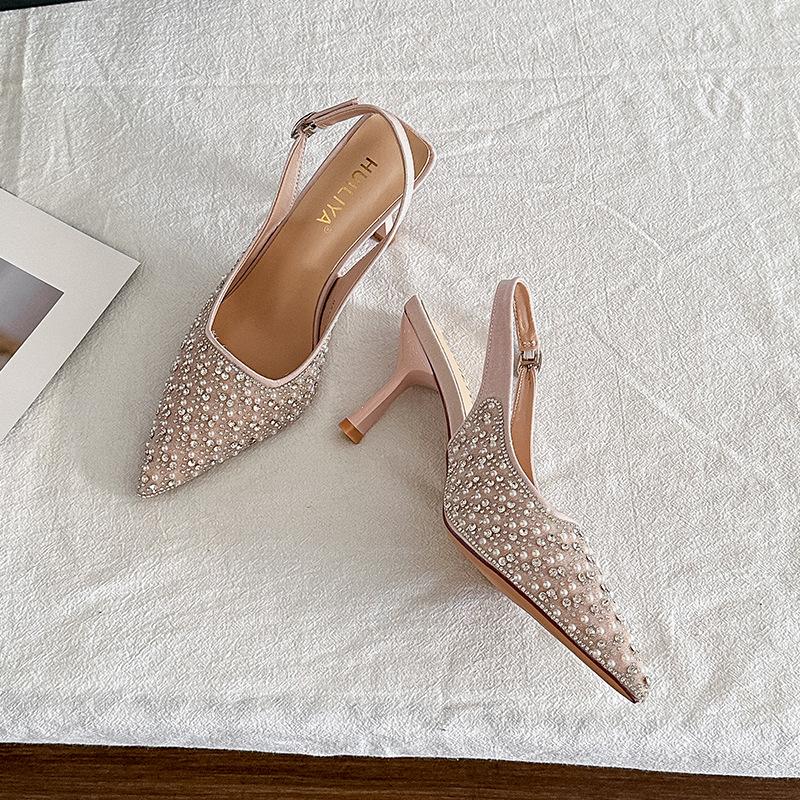 B813-ES8 Sequined Temperament Socialite Bag Head Sandals 2025 New Summer Pointed Rear Empty High-heeled Shoes