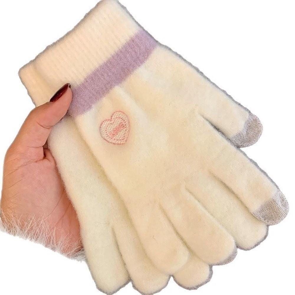 Candy Color Winter Warm Gloves Heart Embroidery Fuzzy Cold Proof Gloves  For Women