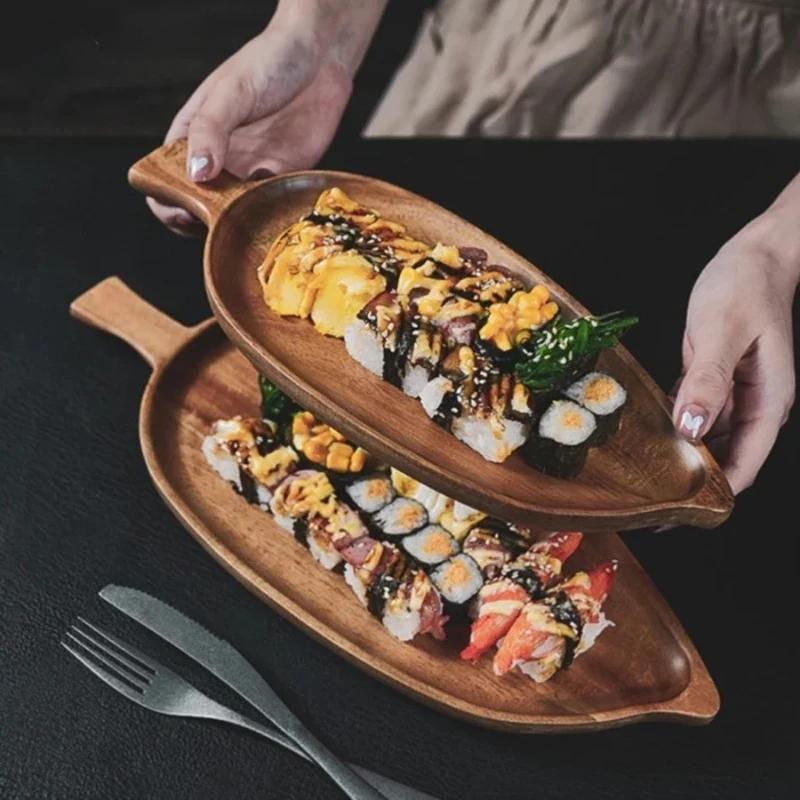 Solid Wood Leaf Shaped Tray Dim Sum Plate Steak Sushi Barbecue Western Food Tableware Heat Insulation Pad Wood Fruit Plate