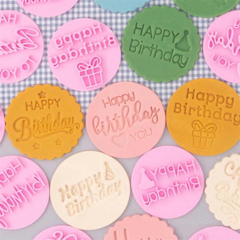 New Happy Birthday Cookie Embosser Mold English Letter Biscuit Embossed Stamp Baby Shower Party Fondant Cake Decorating Tools
