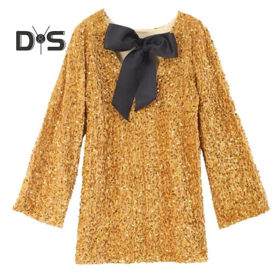 

Женское платье с пайетками, большой бант, длинные рукава, А-силуэт, свободный пуловер, длина до колена, коктейльное вечернее мини-платье для клуба M золотистый