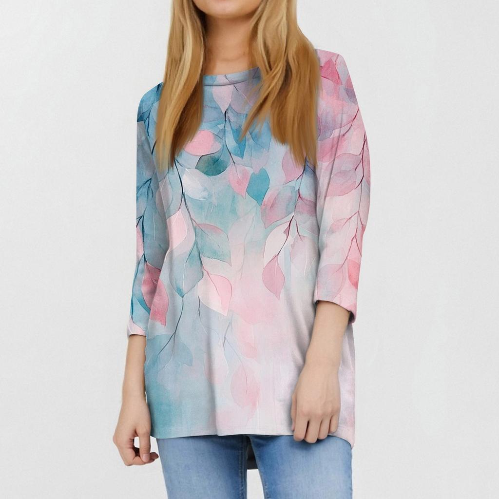 Women's Fashion Casual Round Neck 3/4 Sleeve Loose  Printed T-Shirt Ladies Top