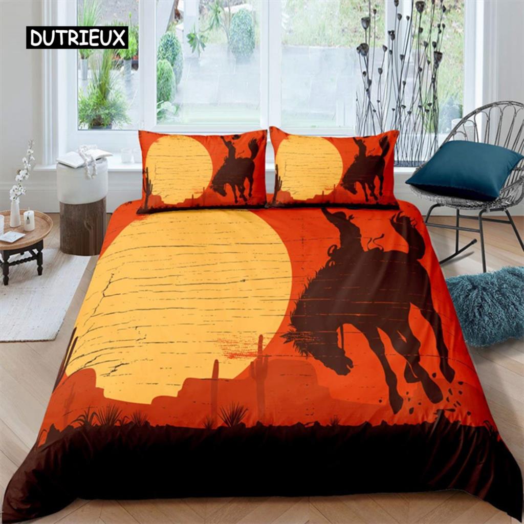 Western Cowboy Duvet Cover Rodeo Cowboy Riding Bull Horse Bedding Set Full For Boys Teen Microfiber Farmhouse Style Quilt Cover