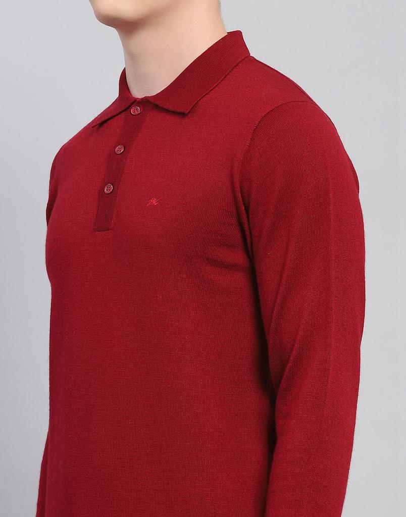 MONTE CARLO Mens Solid Maroon Collar Neck Full Sleeve T-Shirt