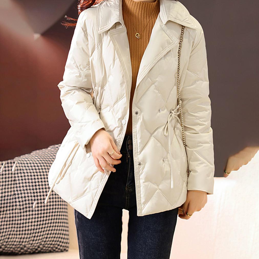 Chaqueta ligera de plumón para mujer, de longitud media, con cuello vuelto, de un solo pecho, holgada, recta, para otoño e invierno, abrigo de plumón de pato blanco, color liso, estampado de leopardo