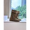 Cowhide Inner Heightening Retro Fringed Strap Western Boots Women's Genuine Leather Woven Medium Tube Stack Boots Ruffled Martin Boots