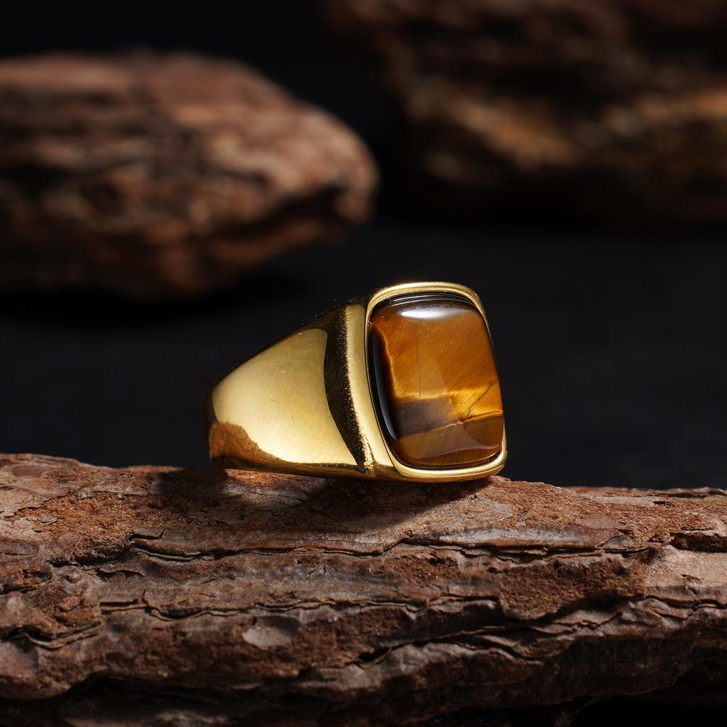 1pz Anello alla Moda da Uomo in Pietra Occhio di Tigre - Acciaio Inossidabile 316L Anello Classico Minimalista Stile Business