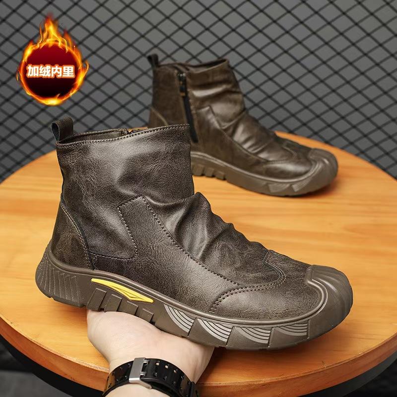 

Wear-resistant boots autumn and winter fashion non-slip black velvet Martin boots new versatile trendy men s shoes comfortable trendy leather boots 44