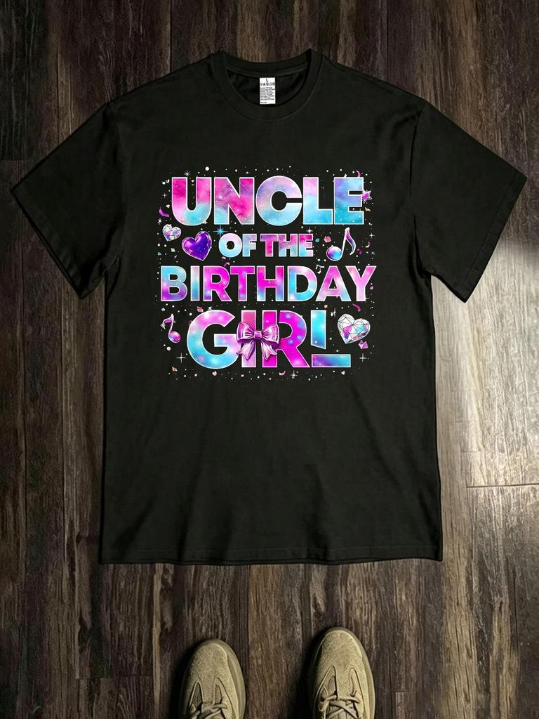 Unisex T-shirt Men'S New T-Shirt with Pink-Blue Gradient Artistic UNCLA OF THE BIRTHDAY GIRL And Heart-Note Decorat