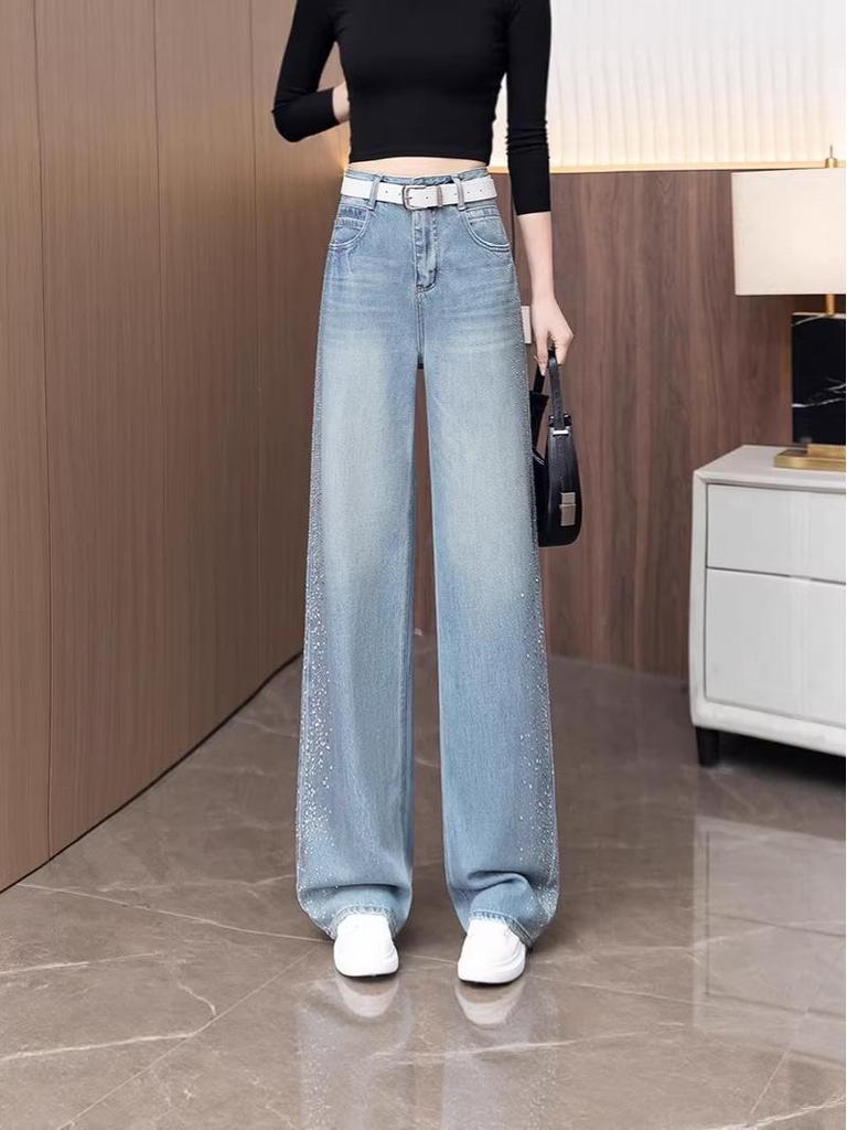 Women's Spring 2026 High-Waisted Loose Wide-Leg Jeans with Side Rhinestones