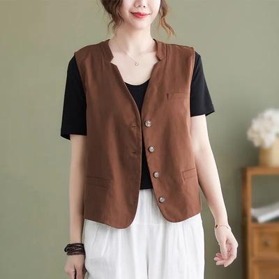 Women's Casual Linen Blend V-Neck Vest Button-Up Sleeveless Waistcoat