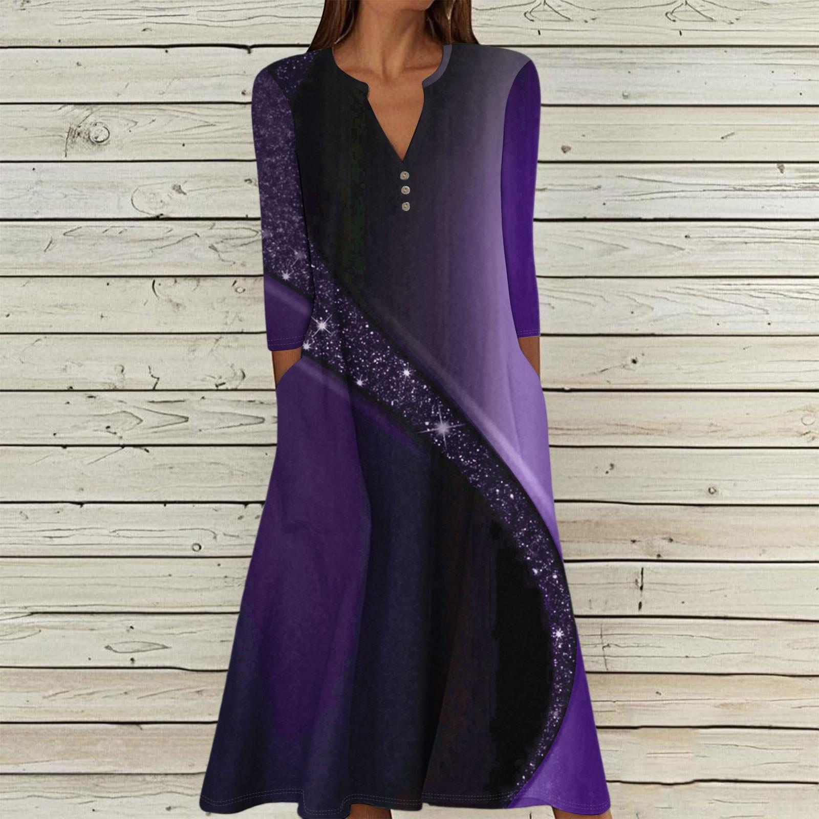 

Женское летнее повседневное платье с V-образным вырезом на пуговицах, винтажным принтом, рукавом три четверти, длинное, с карманами XL фиолетовый