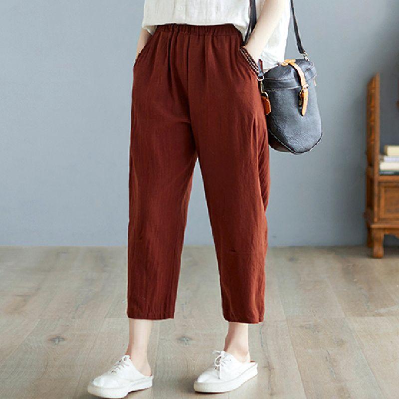 M-4XL Sommerhose mit elastischer Taille für Damen, lässig, einfarbig, Baumwolle und Leinen, knöchellang, Hose für Damen, hochwertige Baggy-Hose