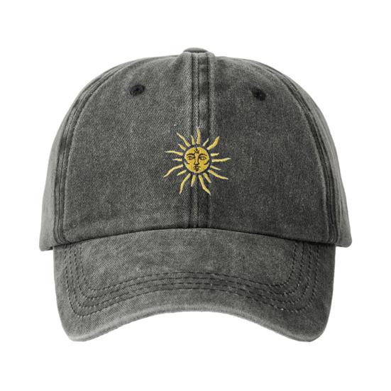 Yousheng Stickerei Sonnenmuster Baseballkappe, Verstellbare Hintere Schnalle Retro Used-Look Baseballkappe, Gewaschenes Baumwollgewebe Outdoor Sonnenschutzkappe