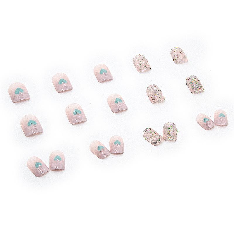 Artificial Nails Flashing Love Short Thin Pink Transparent Nail Stickers Removable