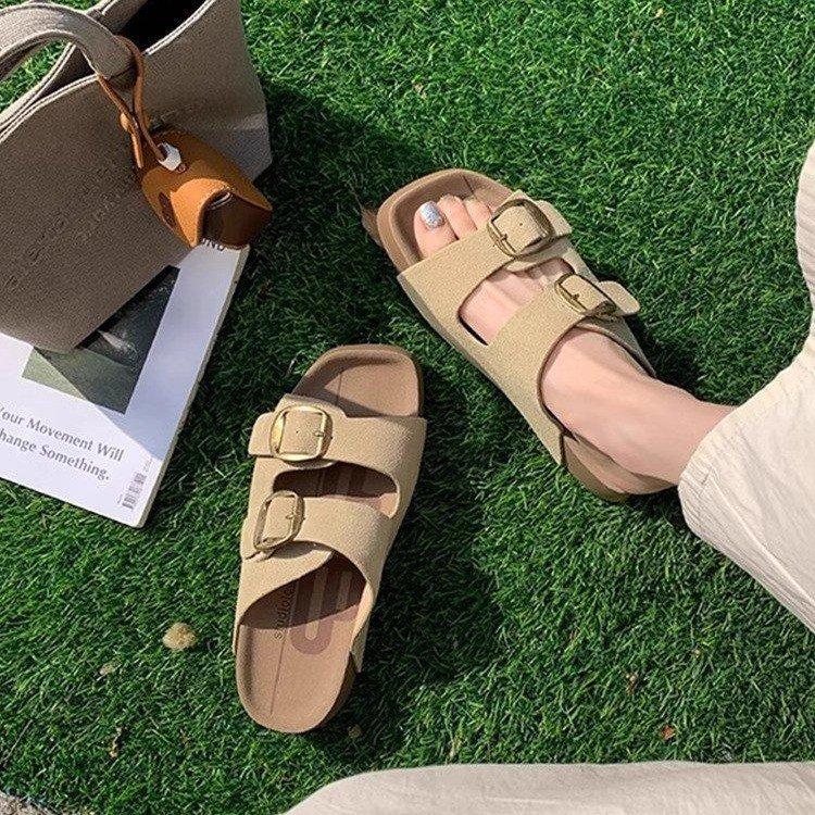 Soft leather version~ Boken cool slippers women's outer wear 2025 summer new thick bottom one-word buckle with lazy height Boken tow