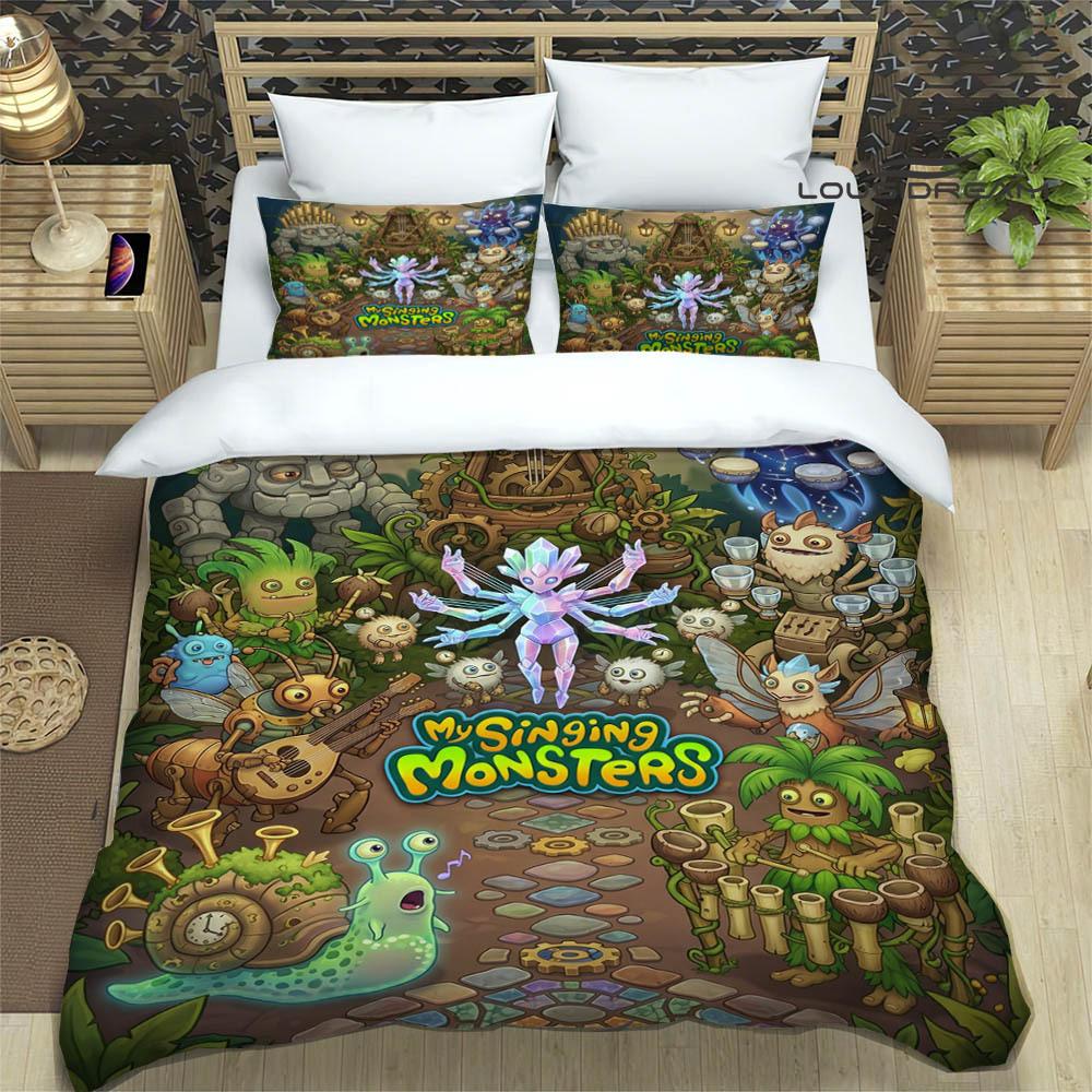 M-My Singing Monsters bedruckte Bettwäsche-Sets exquisites Bettwaren-Set Bettbezug Steppbett-Set Bettwäsche-Set Luxus-Geburtstagsgeschenk