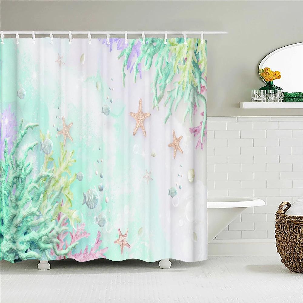 3D Bathroom Curtains Ocean Fish Jellyfish Shell Starfish Dolphin Anchor Shower Curtain Waterproof Fabric Cartoon Boy Bath Screen