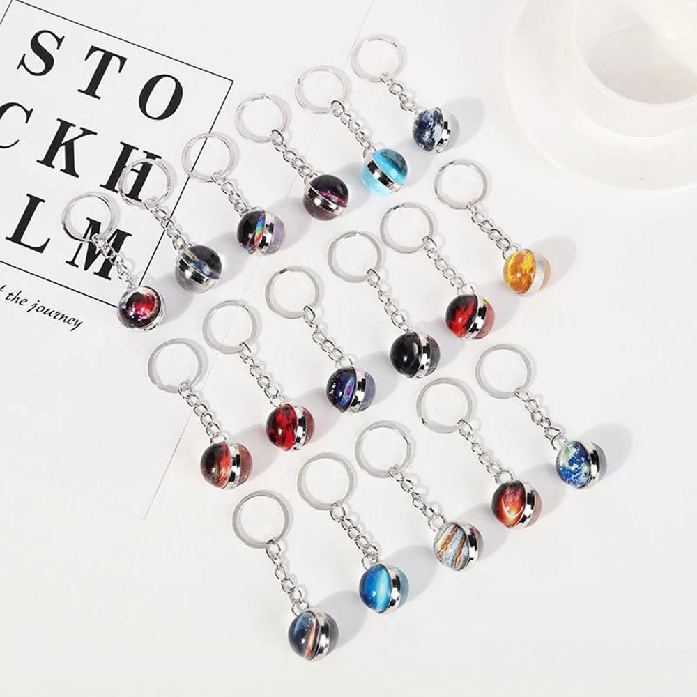 Glowing Sun Double Side Nebula Galaxy Glass Ball Planet Keyring Luminous Keychain Solar System