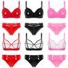 Womens Patent Leather Bra Low Waist Briefs Set Zipper Crotch Lingerie