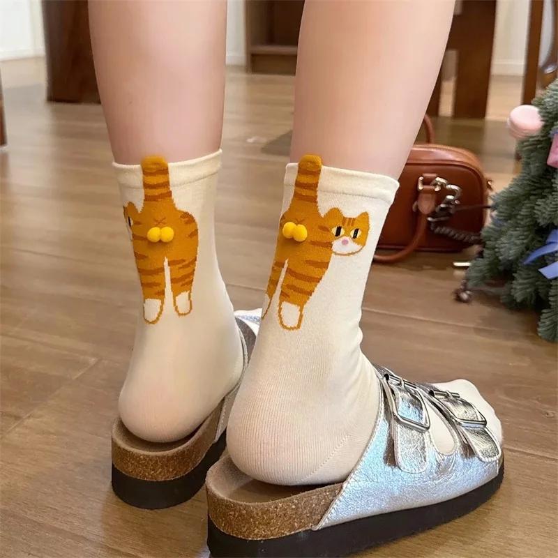 Kawaii 1Pair 3D Cat Design Mid Calf Socks, Black/White Funny Novelty Socks for Women, Cute Gift for Halloween Christmas