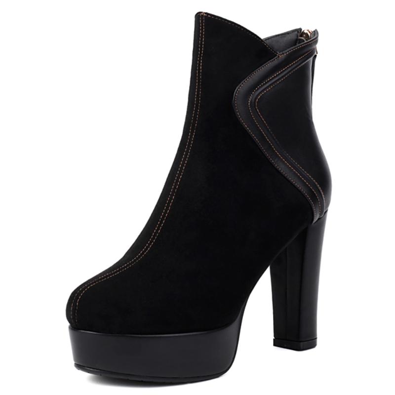 Černé kotníkové boty pro ženy Platforma Zimní boty Semišové krátké boty Vysoké podpatky Společenské taneční boty Dámská značka Velká velikost Obuv
