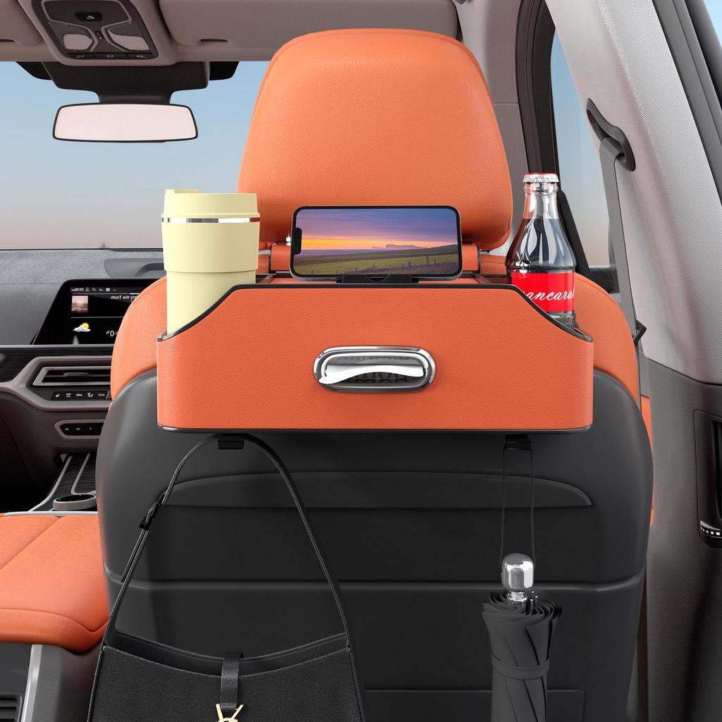 Sancaral Car Leather Multifunctional Rear Seat Drink Holder Tissue Box and Headrest Cup Holder Storage Car Travel Storage Item (with Hook), Box,
