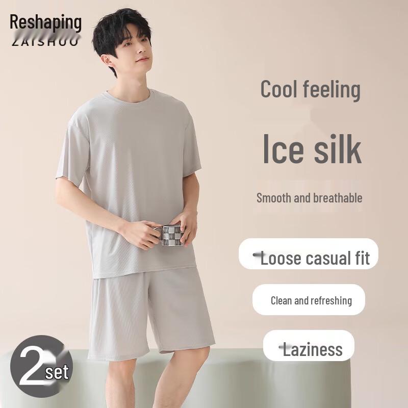 Men s Ice Silk Short Sleeve Shorts Loungewear Set 3XL
