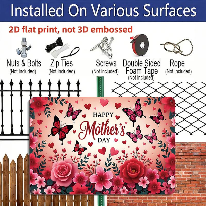 2D Flat, 1pc "Happy Mother's Day" Floral Butterfly Plaque, 12"×8" - Pink Rose & Heart Decor Sign - Aluminium Wall Hanging Decoration for Home, Porch
