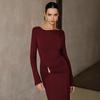 2025 Wine Red Slim Fit Knitted Long Dress with Metal Accents