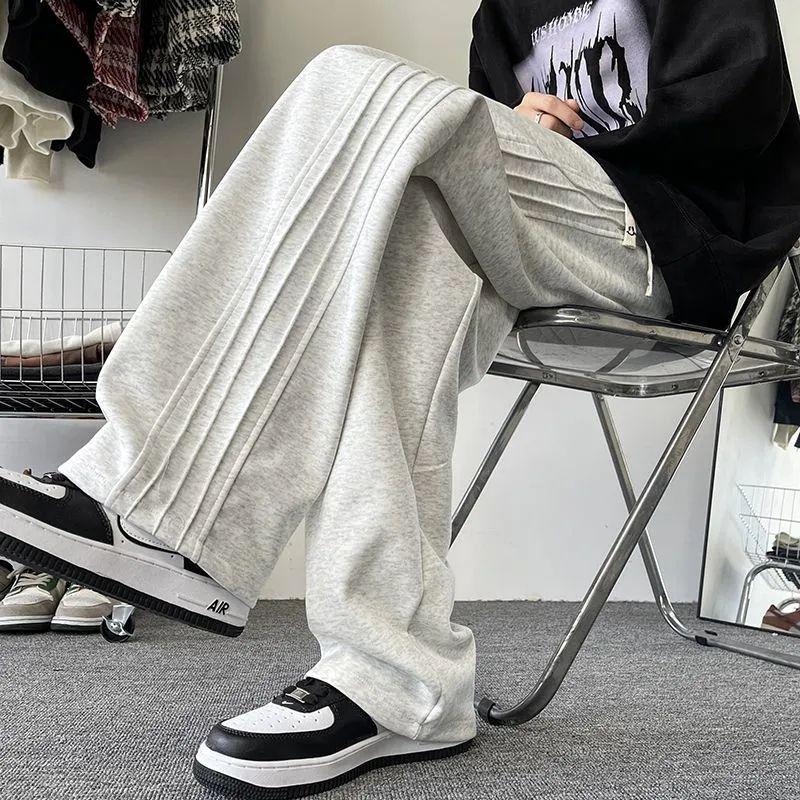 

Мужские осенние серые трикотажные спортивные штаны с боковыми складками - модный плотный повседневный свободный крой M (for 95-105kg)