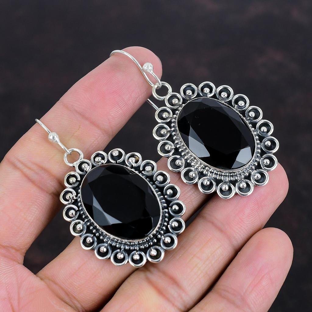 Faceted Black Onyx Earrings 925 Sterling Silver Earring Handmade Earrings Black Onyx Gemstone Jewelry Anniversary Gifts Unique Style Earring
