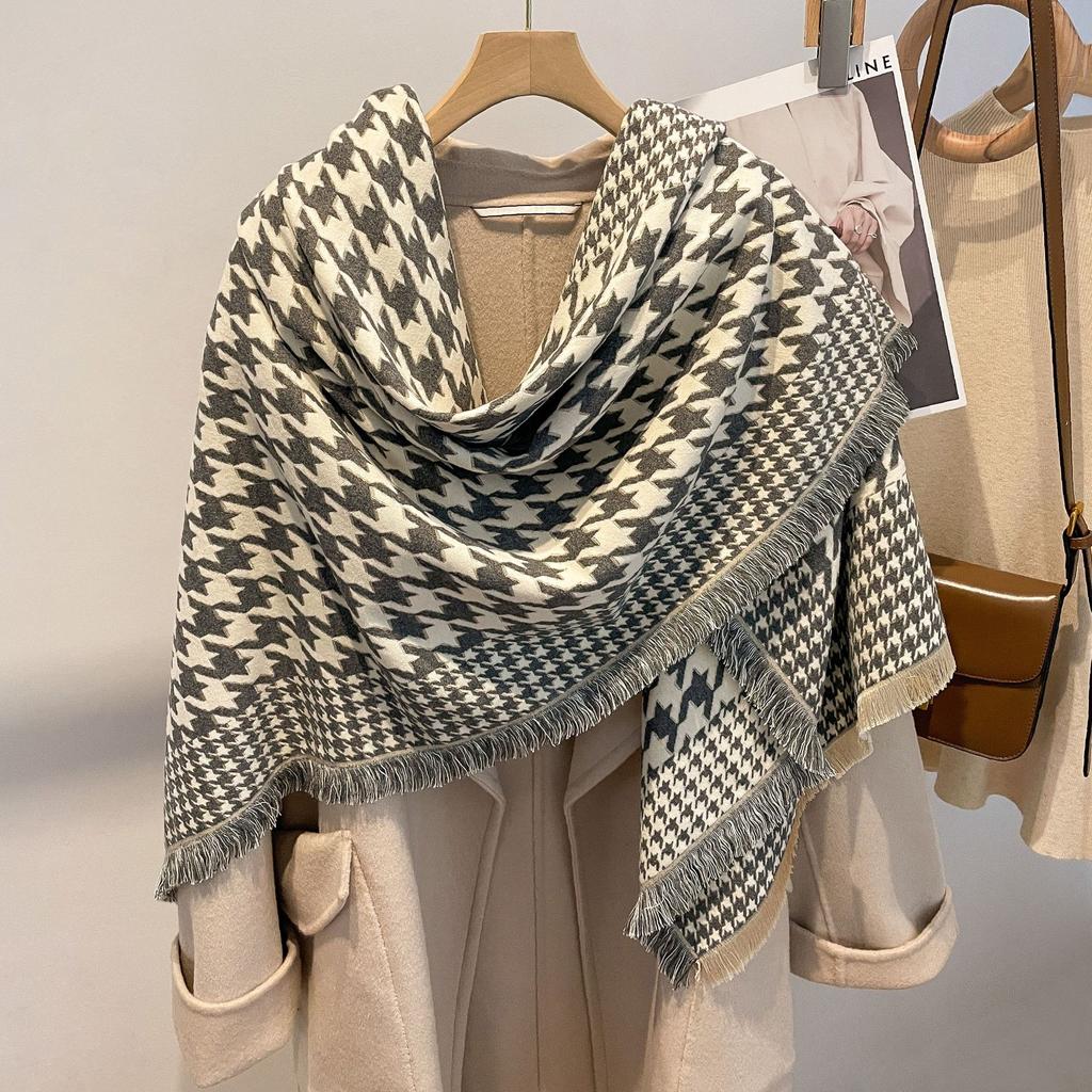 Swing And Winter Bird Grid Scarf Women'S Style Imitation Cashmere Scarf Thickened Air-Conditioned Room Warm Shawl Cape