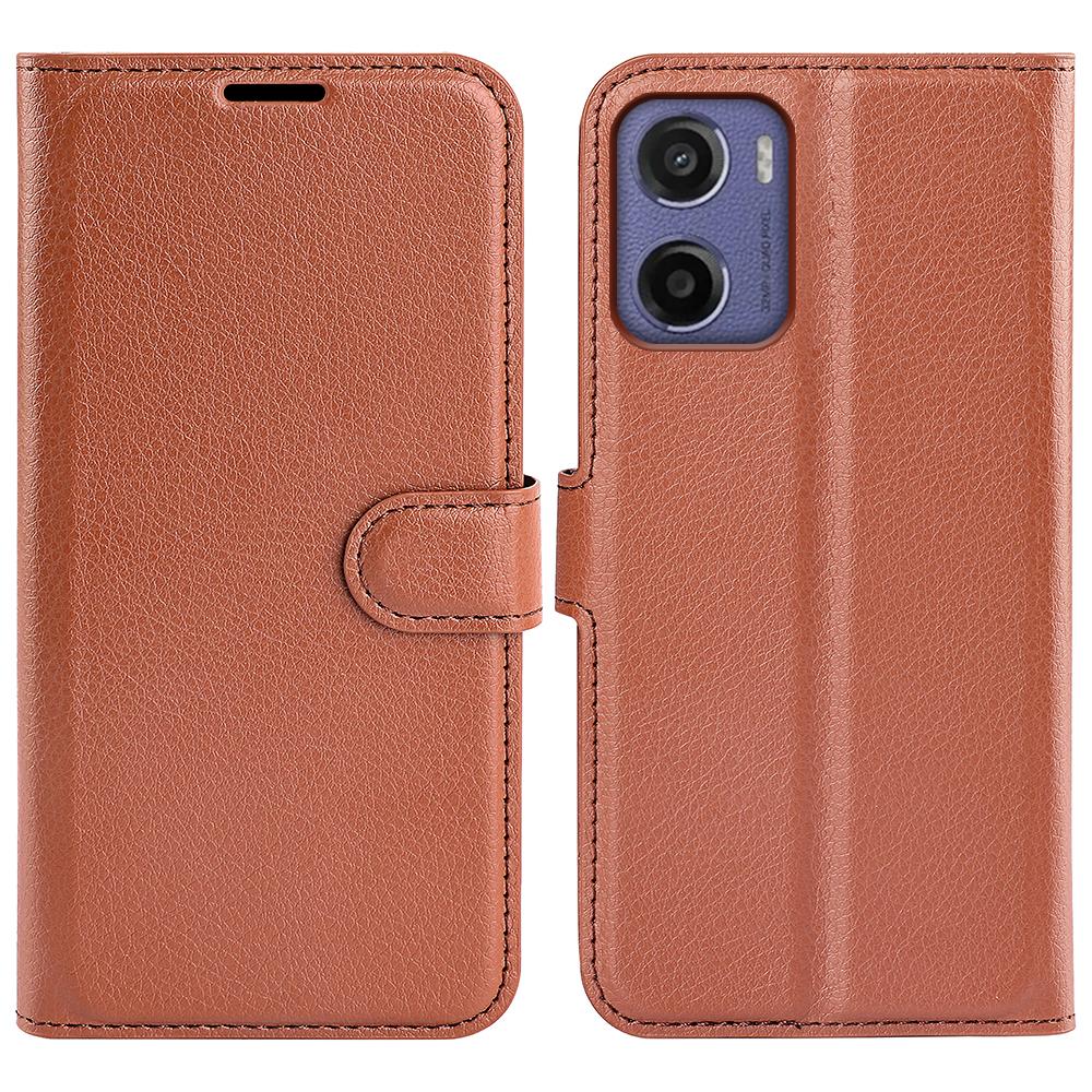 

For Motorola Moto E15 4G Case Litchi Texture Shockproof Leather Wallet Phone Cover Brown