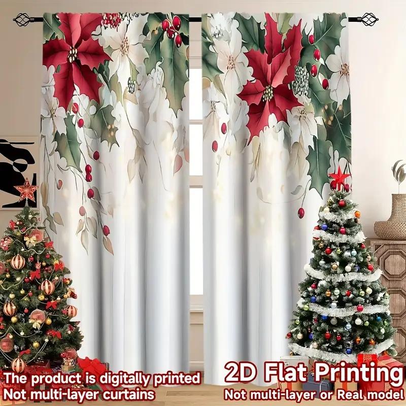 2pcs Charming Poinsettia Pattern Curtains   Romantic Design Light - Filtering Polyester Curtains for Christmas Home Windows