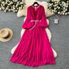 French High-end Heavy Industry Nail Drill Hollow Round Neck Three-dimensional Flower Lantern Sleeve Strap Waist Pleated Chiffon Dress